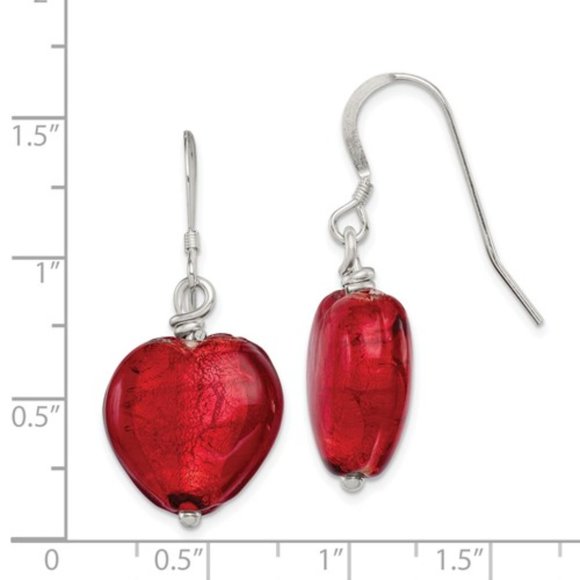 Sterling w Red Murano Glass Heart Dangle Earrings - Picture 3 of 3